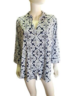 Foxcroft Easy Care Blouse Mary 34 Button Up Jersey Floral Soft Indigo Sz XL NWT